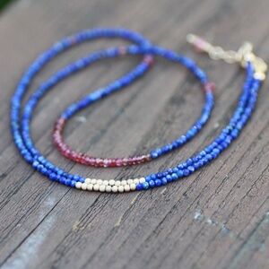 Natural Red Spinel, Lapis Wrap Bracelet Convertible Necklace 14k Gold Filled